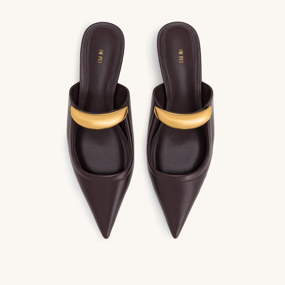 JW PEI Chocolate Brown and Gold Pointed Toe Mules - Picture 2 of 3